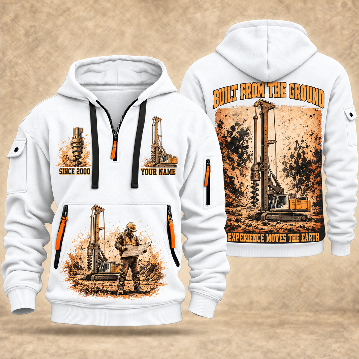 Liebherr LB 28 Foundation Drilling Rig quarter zip hoodie in White, front and back views, sample YOUR NAME and SINCE 2000 artwork