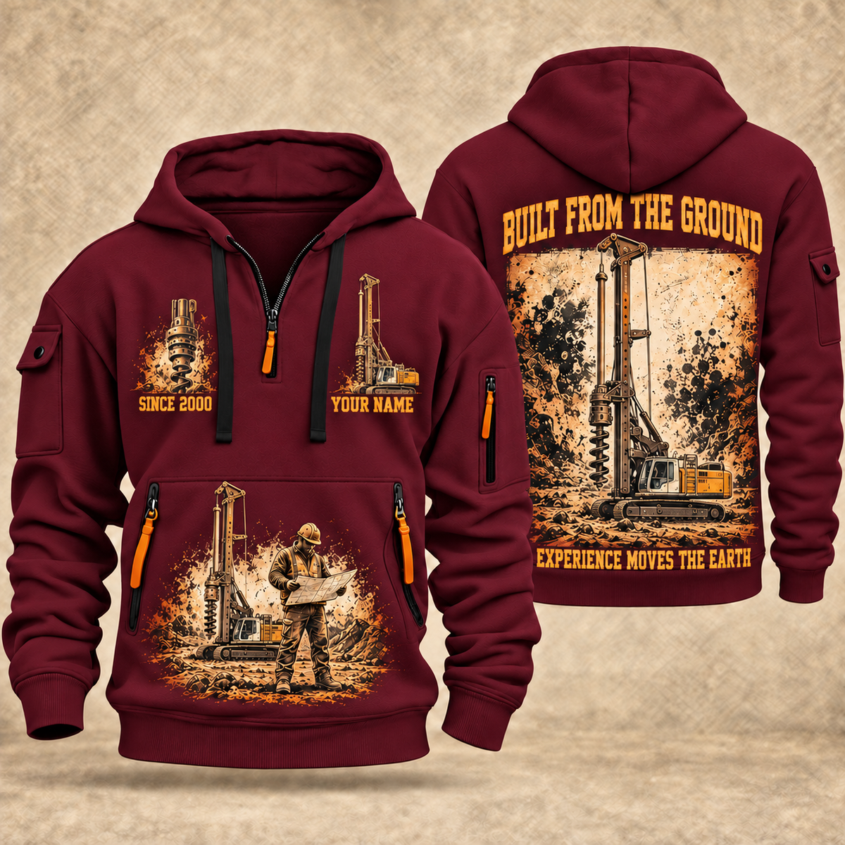 Liebherr LB 28 Foundation Drilling Rig quarter zip hoodie in Wine Red, front and back views, sample YOUR NAME and SINCE 2000 artwork
