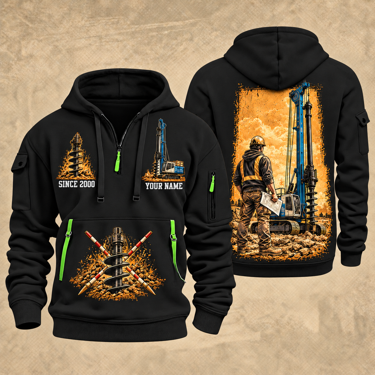 Soilmec SR-30 Eagle Foundation Drilling Rig quarter zip hoodie in Black, front and back views, sample YOUR NAME and SINCE 2000 artwork