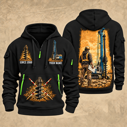 Soilmec SR-30 Eagle Foundation Drilling Rig quarter zip hoodie in Black, front and back views, sample YOUR NAME and SINCE 2000 artwork