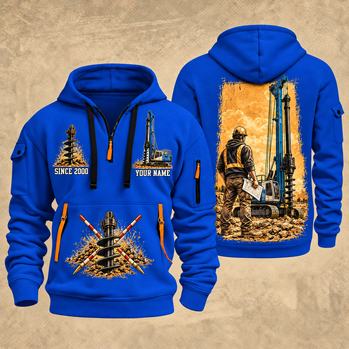 Soilmec SR-30 Eagle Foundation Drilling Rig quarter zip hoodie in Blue, front and back views, sample YOUR NAME and SINCE 2000 artwork
