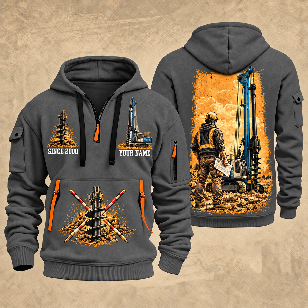 Soilmec SR-30 Eagle Foundation Drilling Rig quarter zip hoodie in Gray, front and back views, sample YOUR NAME and SINCE 2000 artwork