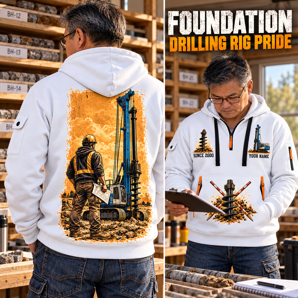 Soilmec SR-30 Eagle Foundation Drilling Rig quarter zip hoodie in White, adult lifestyle portrait showing front and back artwork