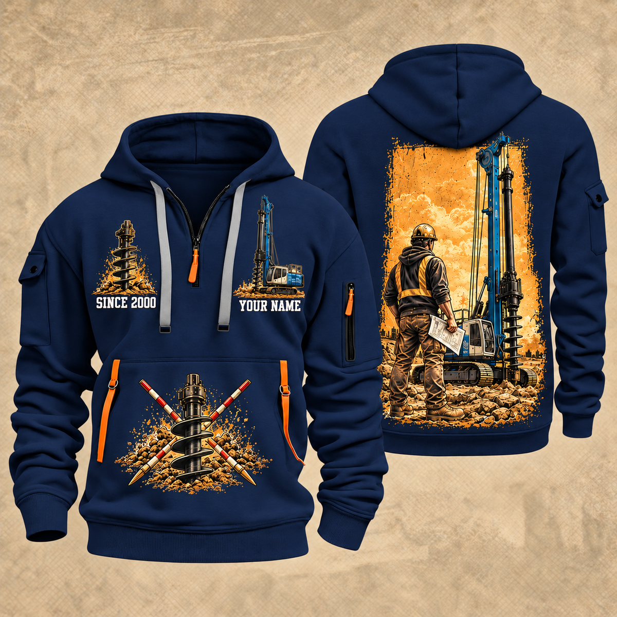 Soilmec SR-30 Eagle Foundation Drilling Rig quarter zip hoodie in Navy, front and back views, sample YOUR NAME and SINCE 2000 artwork