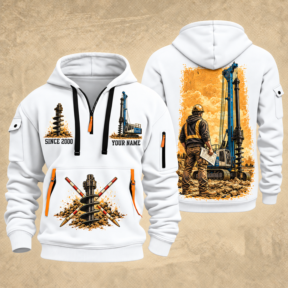 Soilmec SR-30 Eagle Foundation Drilling Rig quarter zip hoodie in White, front and back views, sample YOUR NAME and SINCE 2000 artwork