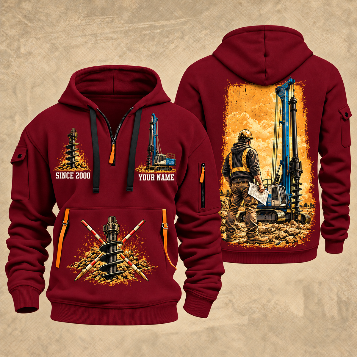 Soilmec SR-30 Eagle Foundation Drilling Rig quarter zip hoodie in Wine Red, front and back views, sample YOUR NAME and SINCE 2000 artwork