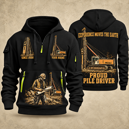 Junttan PM20LC Pile Driver quarter zip hoodie in Black, front and back views, sample YOUR NAME and SINCE 2000 artwork