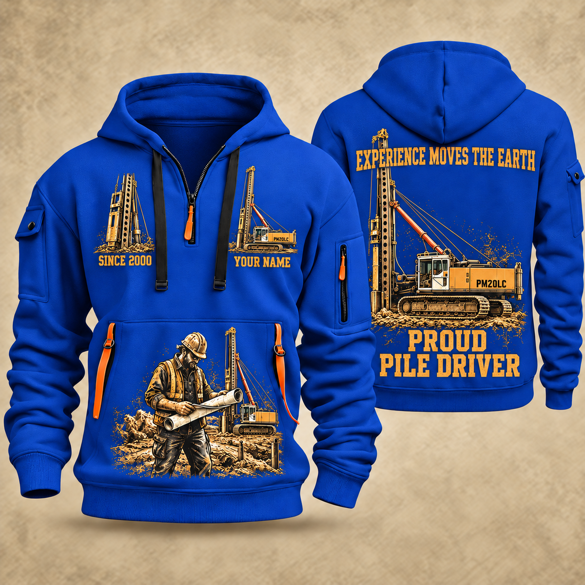 Junttan PM20LC Pile Driver quarter zip hoodie in Blue, front and back views, sample YOUR NAME and SINCE 2000 artwork