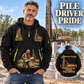 Junttan PM20LC Pile Driver quarter zip hoodie in Black, adult lifestyle portrait showing front and back artwork