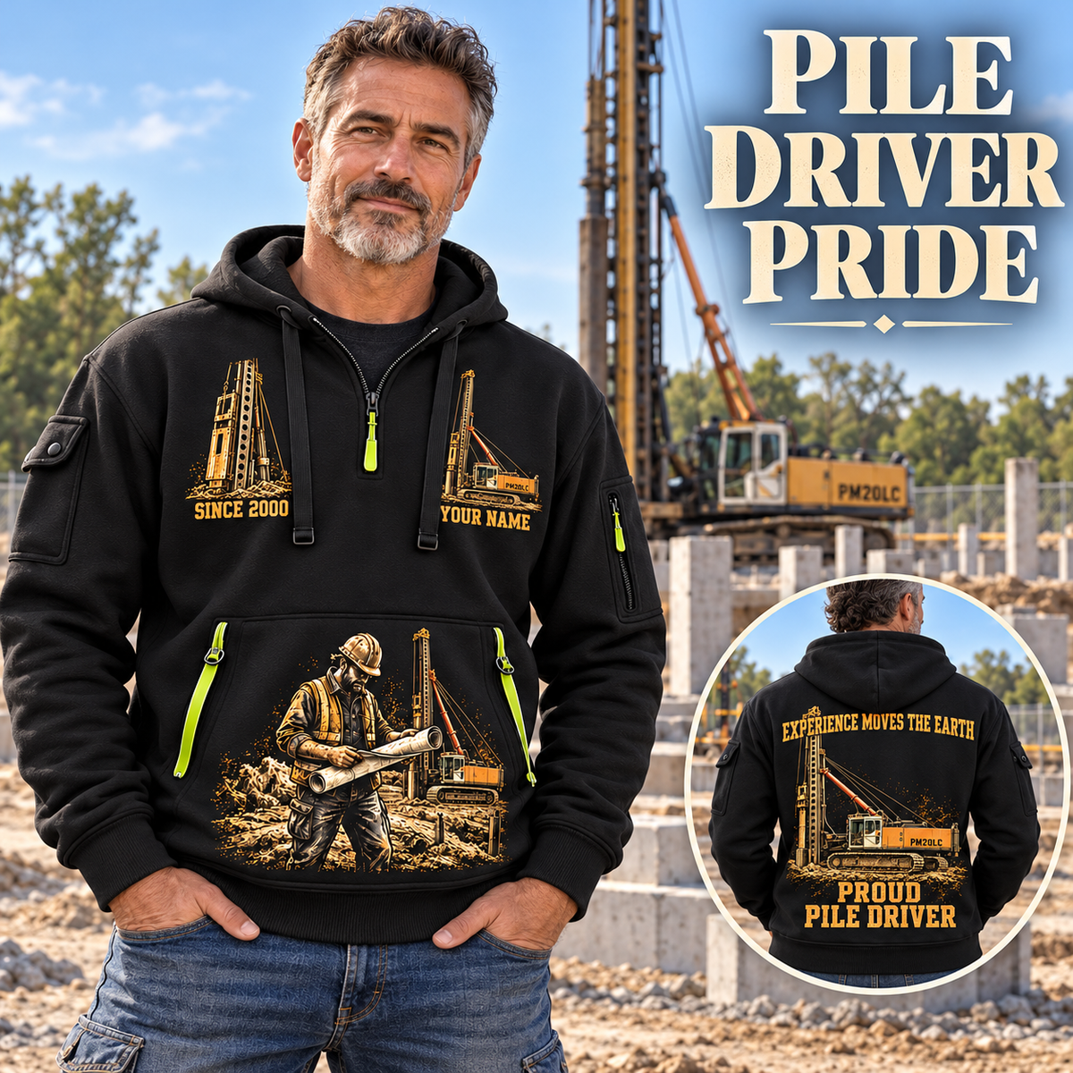 Junttan PM20LC Pile Driver quarter zip hoodie in Black, adult lifestyle portrait showing front and back artwork