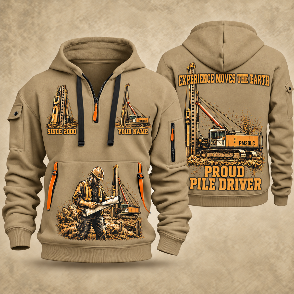 Junttan PM20LC Pile Driver quarter zip hoodie in Khaki, front and back views, sample YOUR NAME and SINCE 2000 artwork