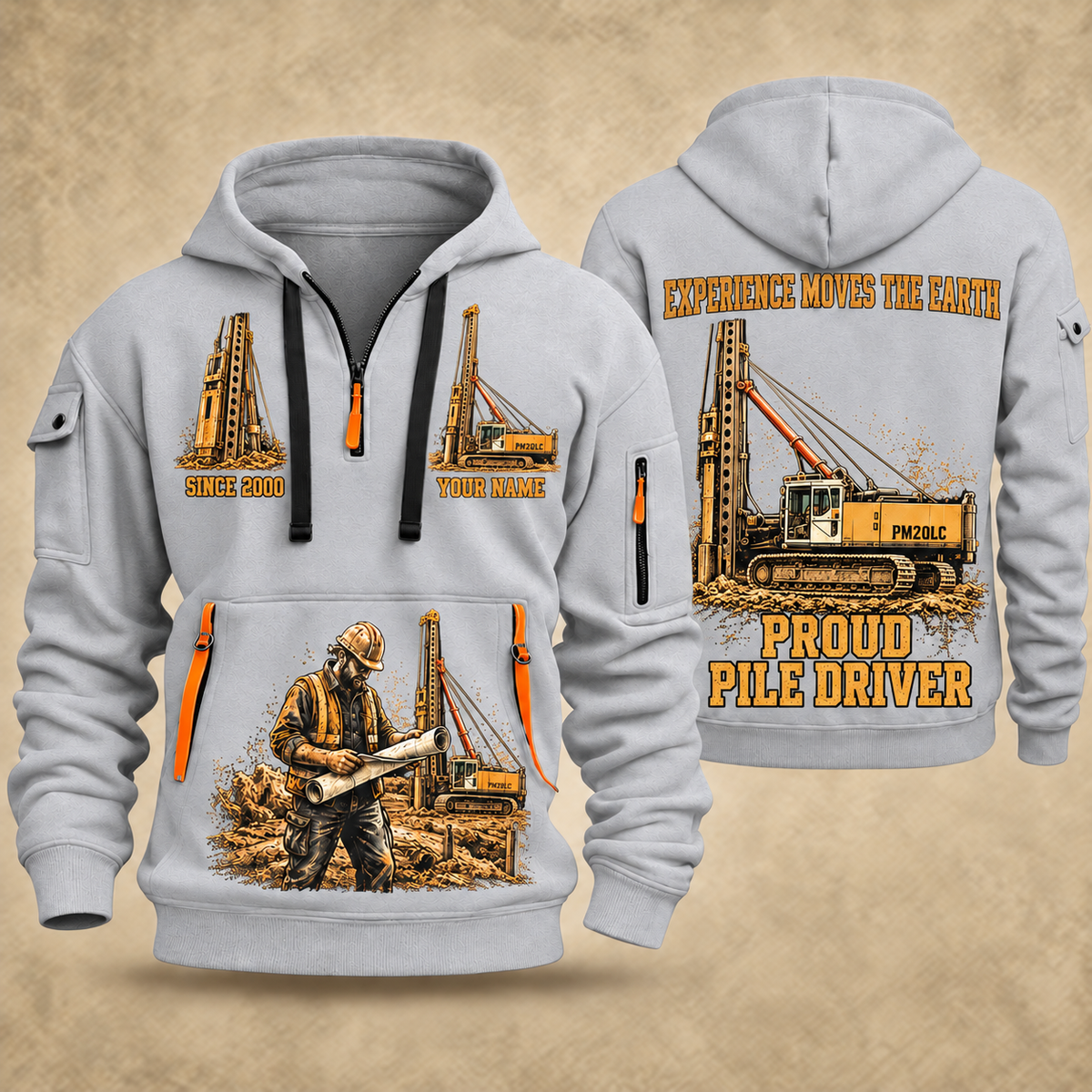 Junttan PM20LC Pile Driver quarter zip hoodie in Light Grey, front and back views, sample YOUR NAME and SINCE 2000 artwork