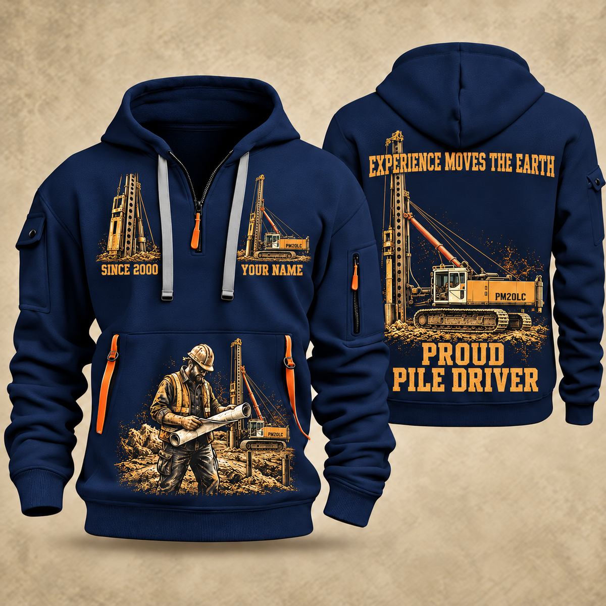 Junttan PM20LC Pile Driver quarter zip hoodie in Navy, front and back views, sample YOUR NAME and SINCE 2000 artwork