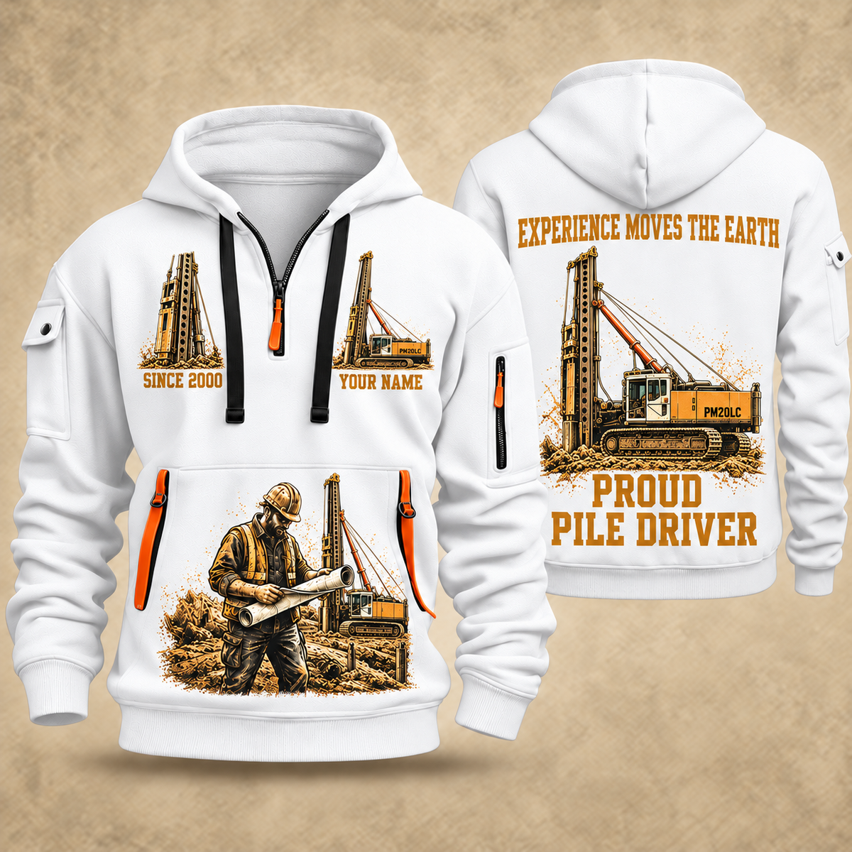 Junttan PM20LC Pile Driver quarter zip hoodie in White, front and back views, sample YOUR NAME and SINCE 2000 artwork