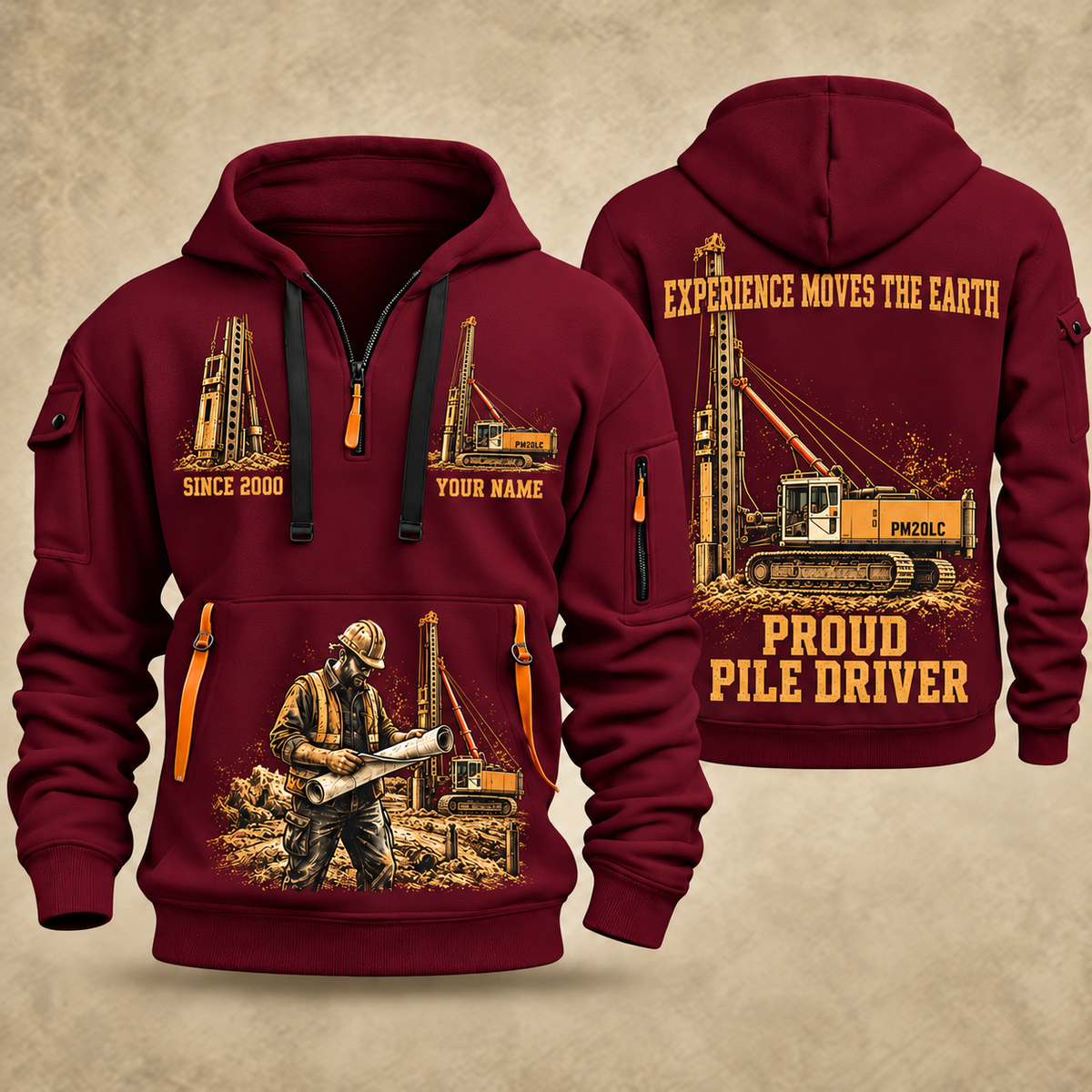 Junttan PM20LC Pile Driver quarter zip hoodie in Wine Red, front and back views, sample YOUR NAME and SINCE 2000 artwork