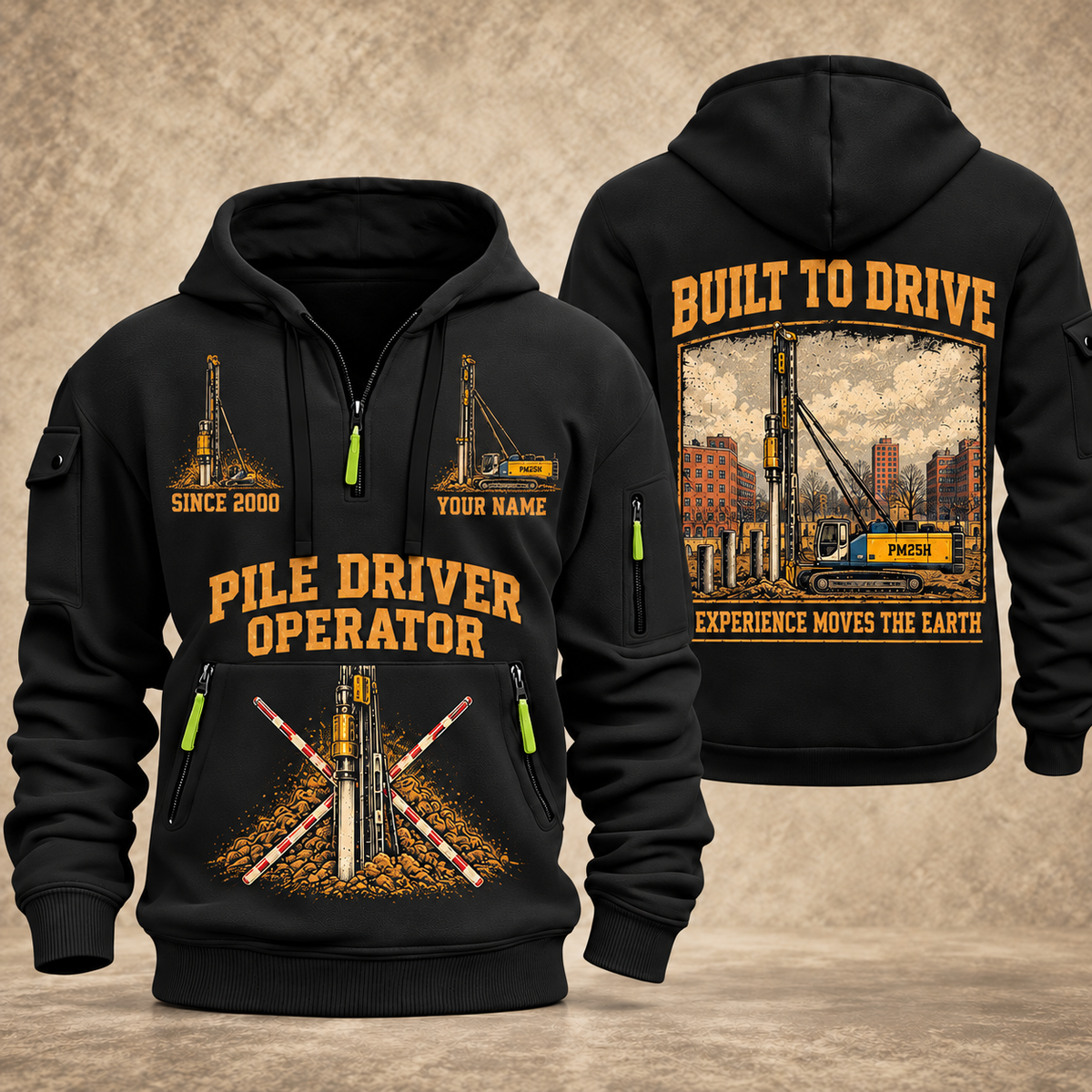 Junttan PM25H Pile Driver quarter zip hoodie in Black, front and back views, sample YOUR NAME and SINCE 2000 artwork