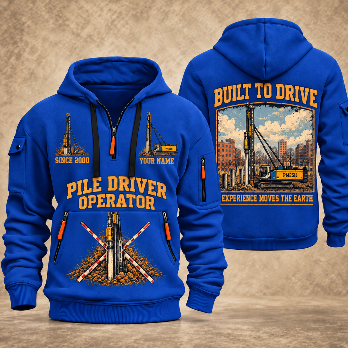 Junttan PM25H Pile Driver quarter zip hoodie in Blue, front and back views, sample YOUR NAME and SINCE 2000 artwork