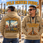 Junttan PM25H Pile Driver quarter zip hoodie in Khaki, adult lifestyle portrait showing front and back artwork