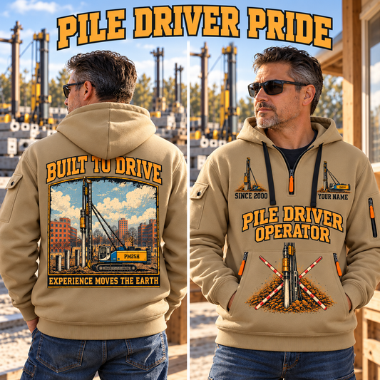 Junttan PM25H Pile Driver quarter zip hoodie in Khaki, adult lifestyle portrait showing front and back artwork