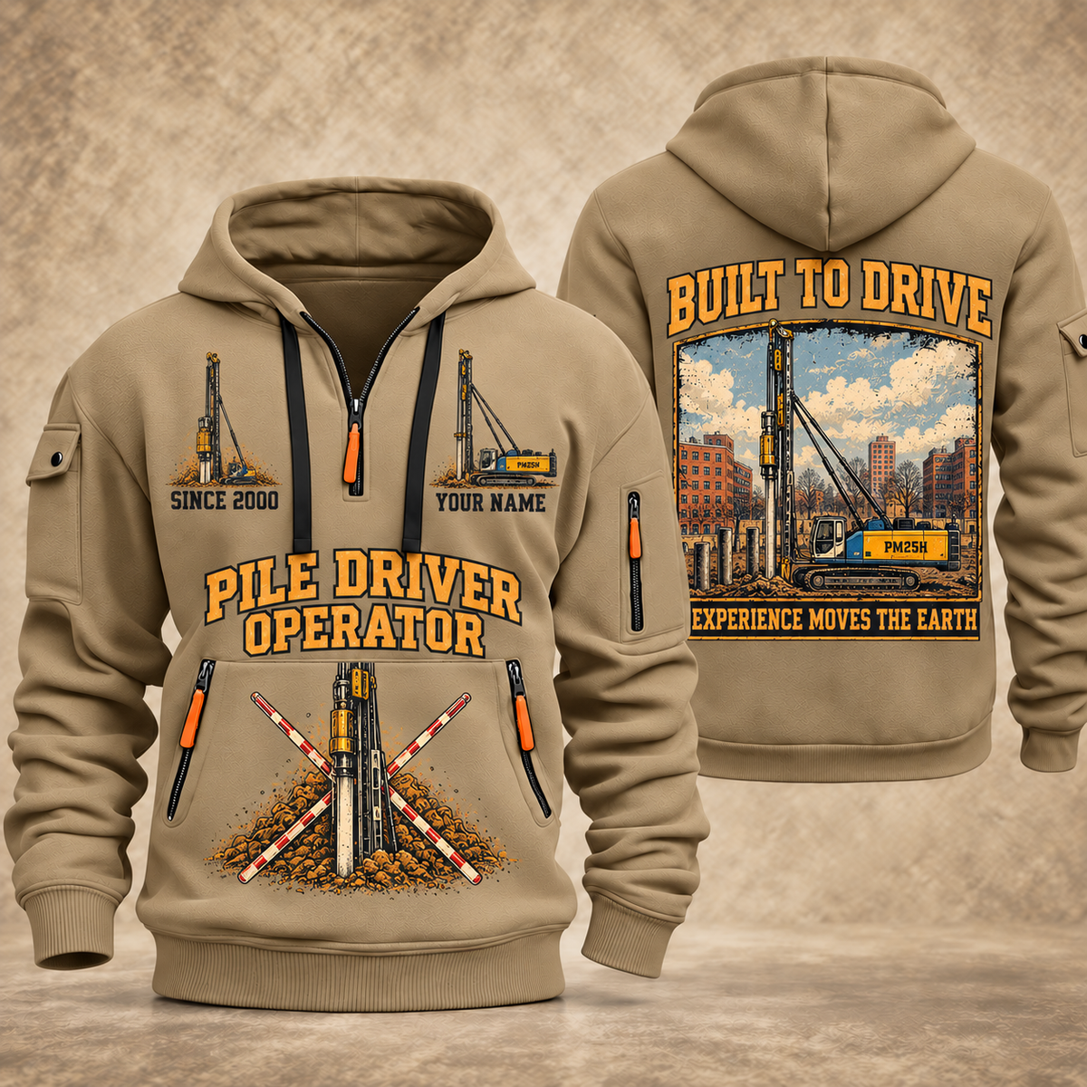 Junttan PM25H Pile Driver quarter zip hoodie in Khaki, front and back views, sample YOUR NAME and SINCE 2000 artwork