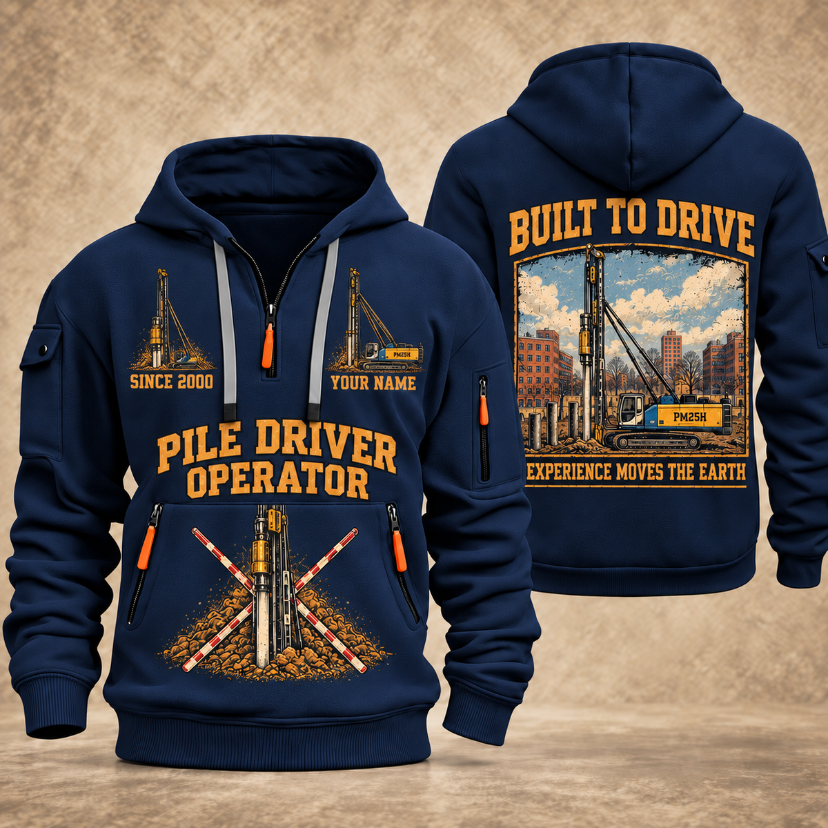 Junttan PM25H Pile Driver quarter zip hoodie in Navy, front and back views, sample YOUR NAME and SINCE 2000 artwork