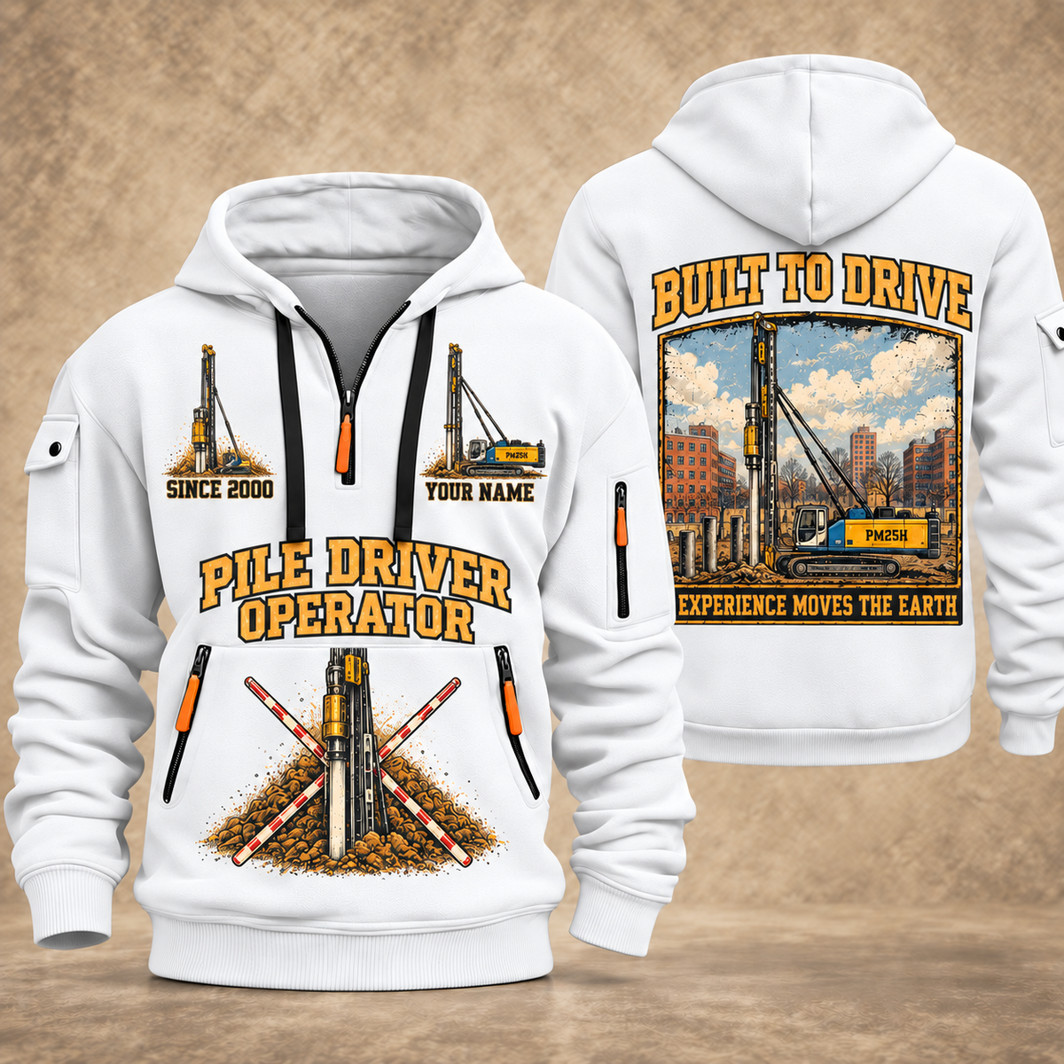 Junttan PM25H Pile Driver quarter zip hoodie in White, front and back views, sample YOUR NAME and SINCE 2000 artwork
