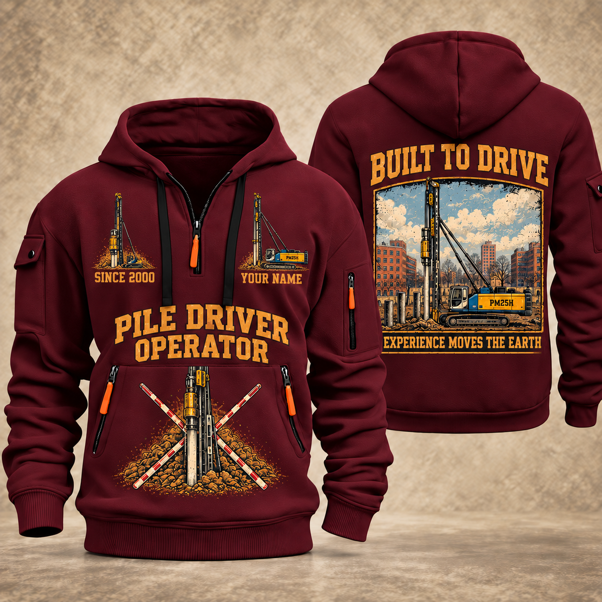 Junttan PM25H Pile Driver quarter zip hoodie in Wine Red, front and back views, sample YOUR NAME and SINCE 2000 artwork