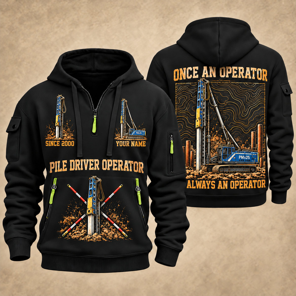 Junttan PMx25 Pile Driver quarter zip hoodie in Black, front and back views, sample YOUR NAME and SINCE 2000 artwork