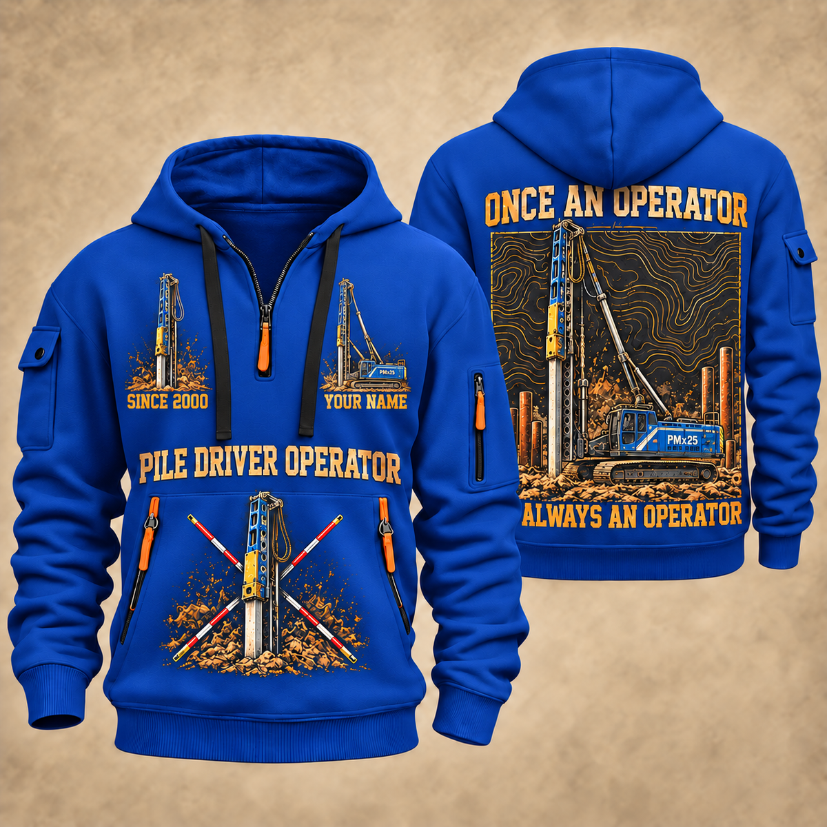 Junttan PMx25 Pile Driver quarter zip hoodie in Blue, front and back views, sample YOUR NAME and SINCE 2000 artwork