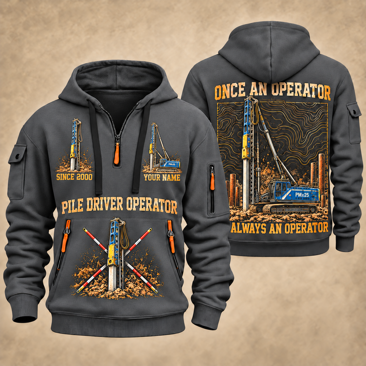 Junttan PMx25 Pile Driver quarter zip hoodie in Gray, front and back views, sample YOUR NAME and SINCE 2000 artwork