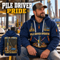 Junttan PMx25 Pile Driver quarter zip hoodie in Navy, adult lifestyle portrait showing front and back artwork
