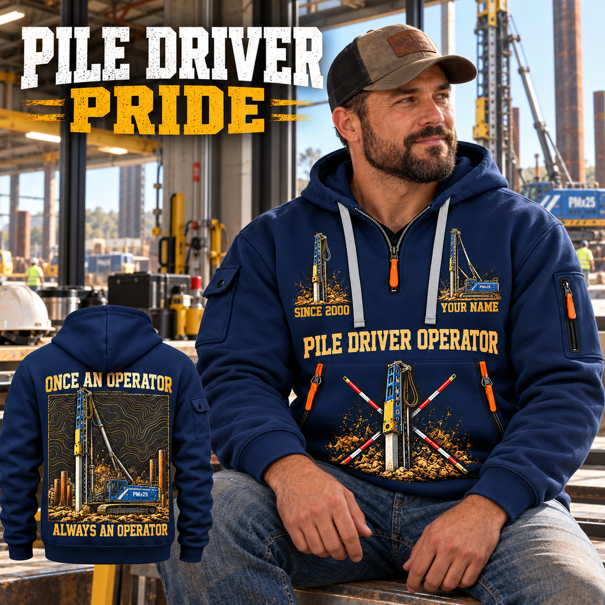 Junttan PMx25 Pile Driver quarter zip hoodie in Navy, adult lifestyle portrait showing front and back artwork