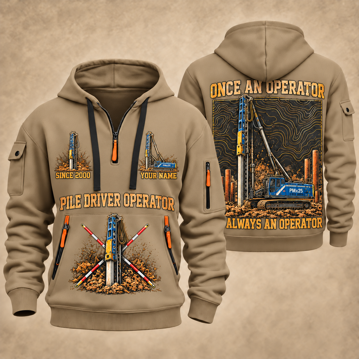 Junttan PMx25 Pile Driver quarter zip hoodie in Khaki, front and back views, sample YOUR NAME and SINCE 2000 artwork