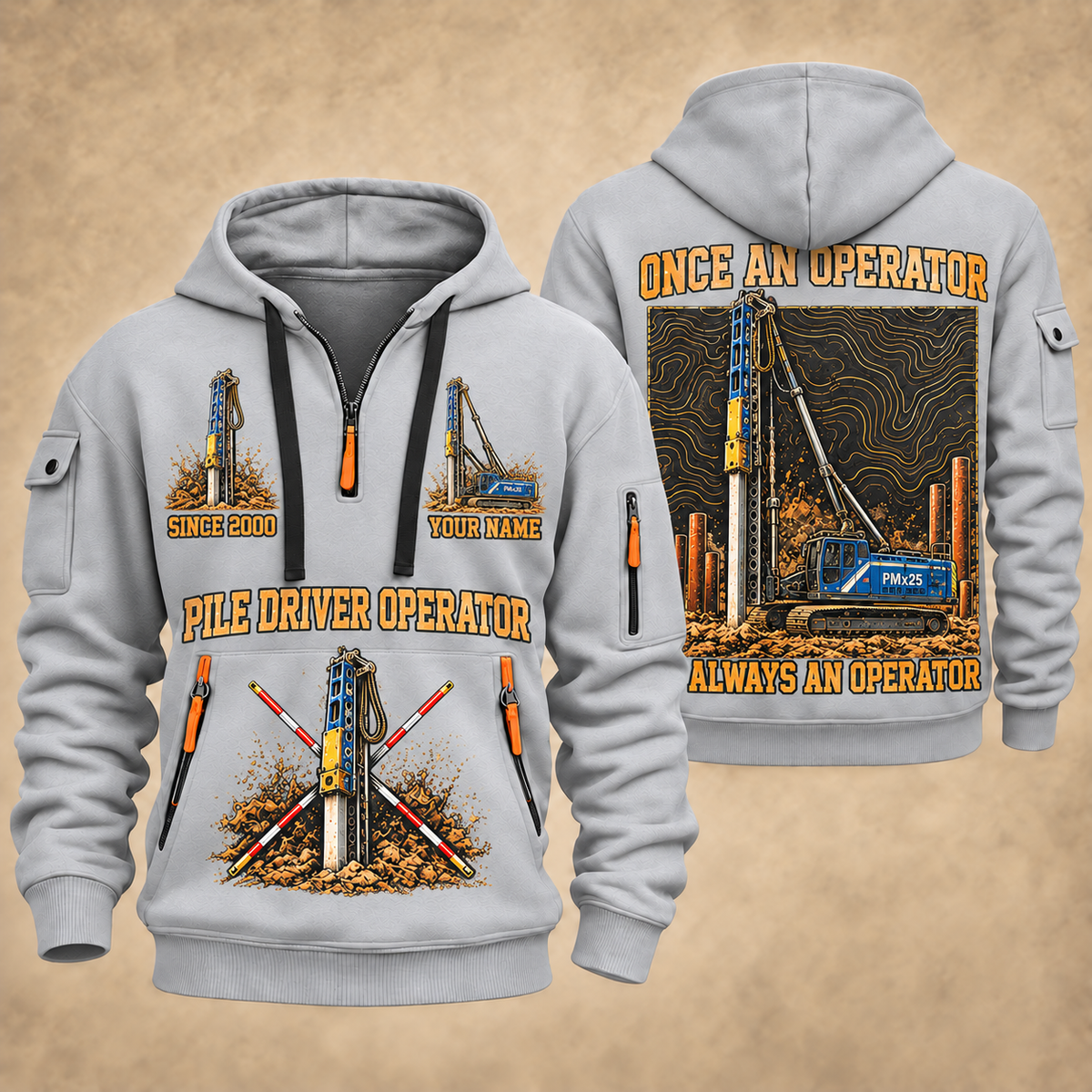 Junttan PMx25 Pile Driver quarter zip hoodie in Light Grey, front and back views, sample YOUR NAME and SINCE 2000 artwork