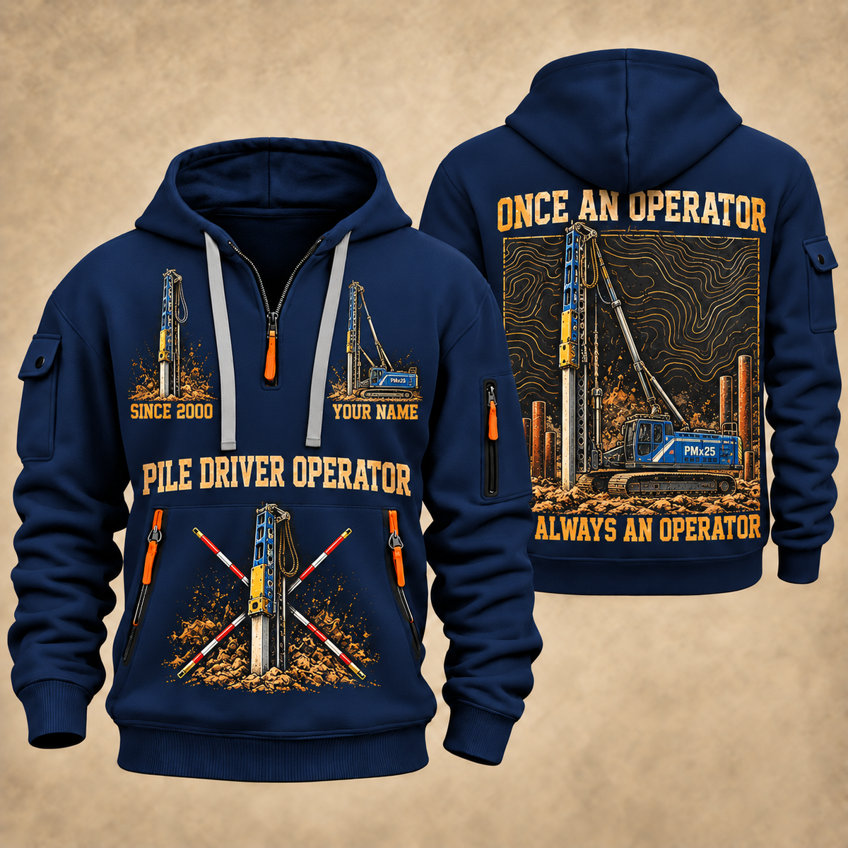 Junttan PMx25 Pile Driver quarter zip hoodie in Navy, front and back views, sample YOUR NAME and SINCE 2000 artwork