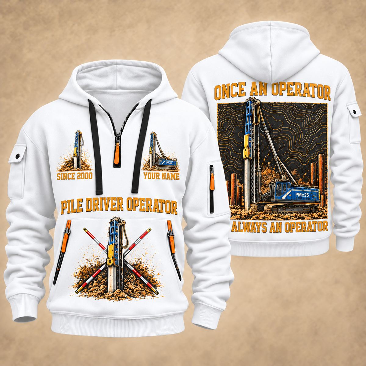 Junttan PMx25 Pile Driver quarter zip hoodie in White, front and back views, sample YOUR NAME and SINCE 2000 artwork