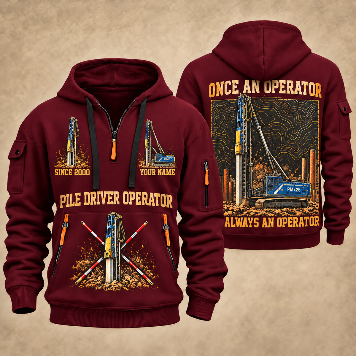 Junttan PMx25 Pile Driver quarter zip hoodie in Wine Red, front and back views, sample YOUR NAME and SINCE 2000 artwork