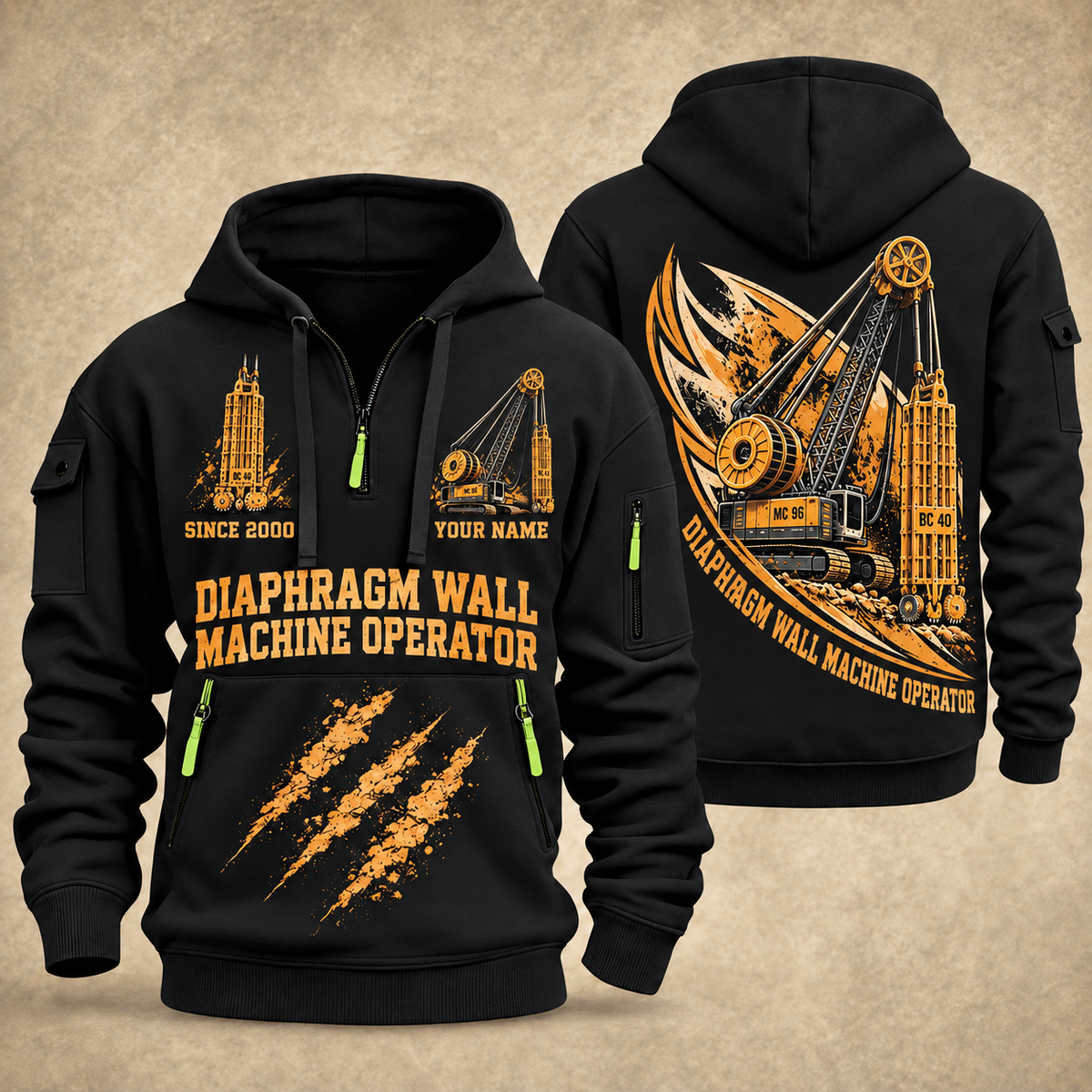 Bauer MC 96 with BC 40 Diaphragm Wall Machine quarter zip hoodie in Black, front and back views, sample YOUR NAME and SINCE 2000 artwork