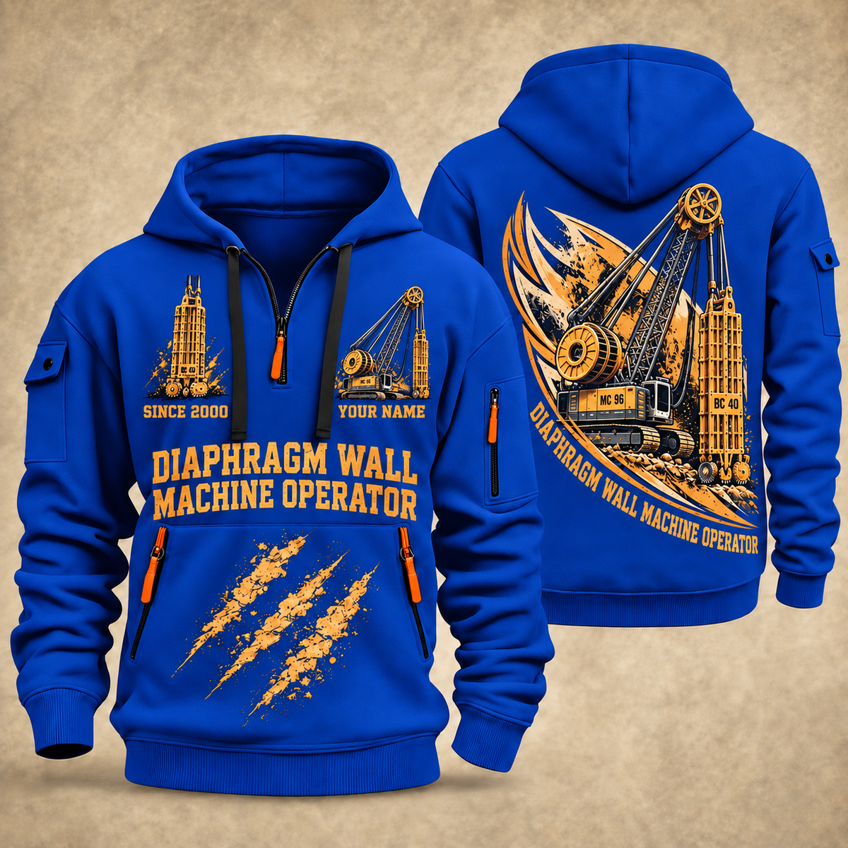 Bauer MC 96 with BC 40 Diaphragm Wall Machine quarter zip hoodie in Blue, front and back views, sample YOUR NAME and SINCE 2000 artwork