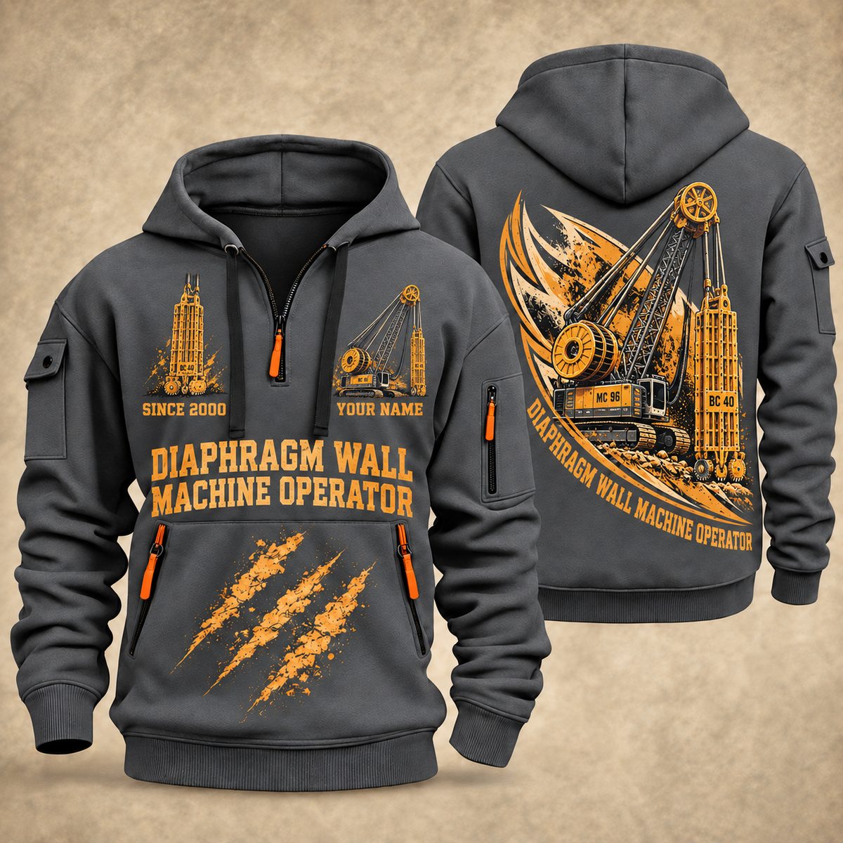 Bauer MC 96 with BC 40 Diaphragm Wall Machine quarter zip hoodie in Gray, front and back views, sample YOUR NAME and SINCE 2000 artwork