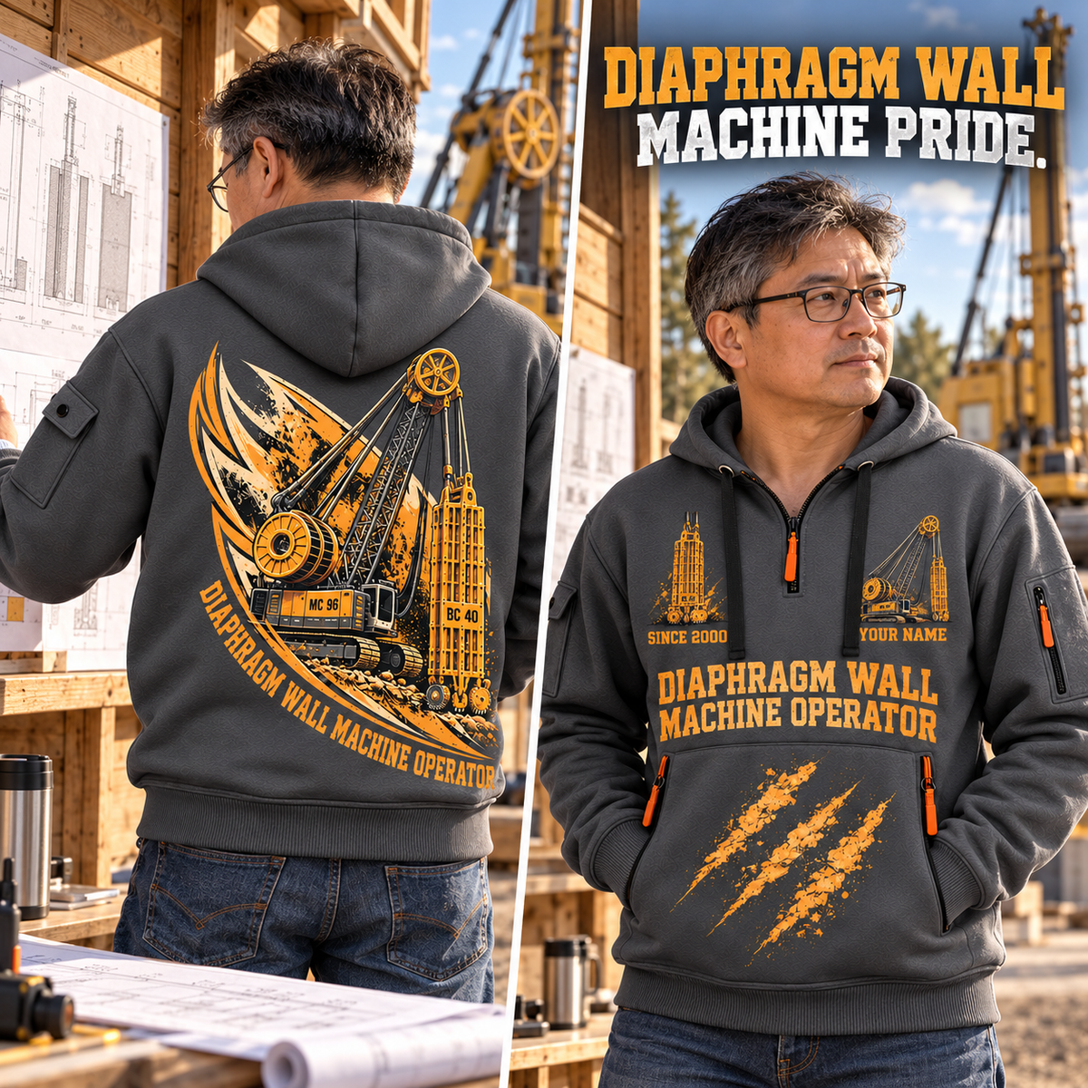 Bauer MC 96 with BC 40 Diaphragm Wall Machine quarter zip hoodie in Gray, adult lifestyle portrait showing front and back artwork