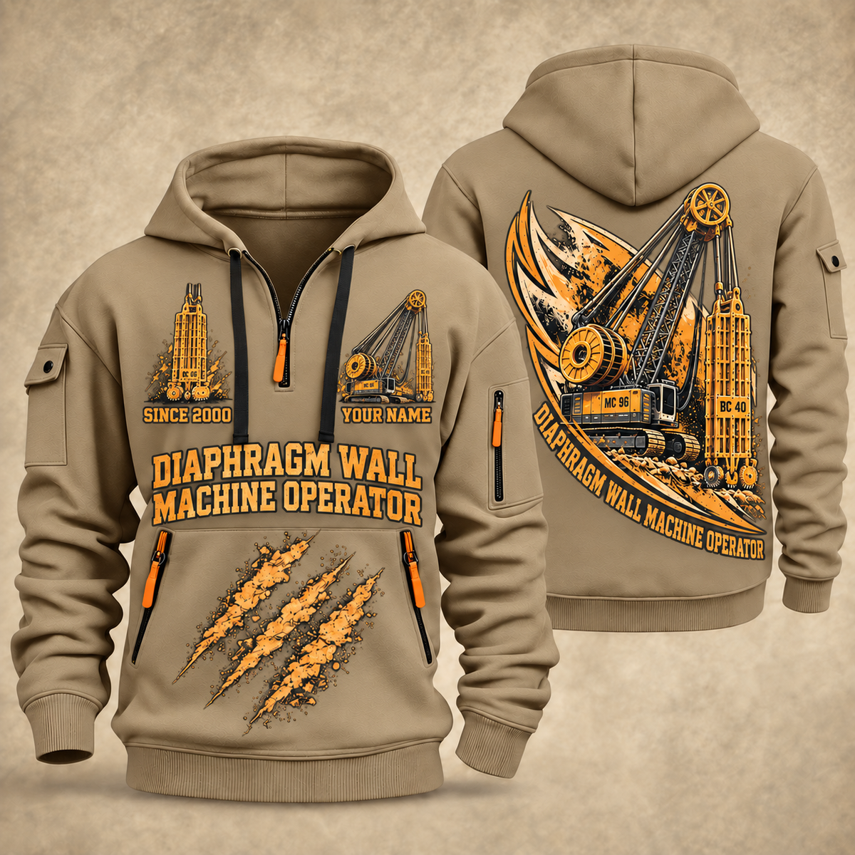 Bauer MC 96 with BC 40 Diaphragm Wall Machine quarter zip hoodie in Khaki, front and back views, sample YOUR NAME and SINCE 2000 artwork