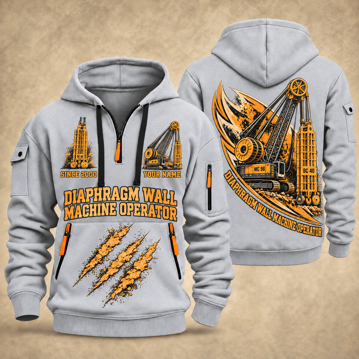 Bauer MC 96 with BC 40 Diaphragm Wall Machine quarter zip hoodie in Light Grey, front and back views, sample YOUR NAME and SINCE 2000 artwork