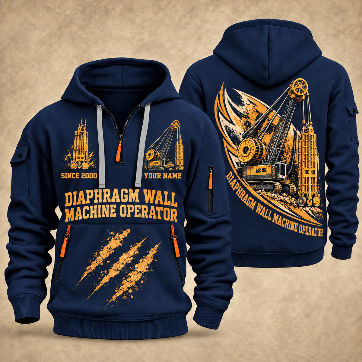 Bauer MC 96 with BC 40 Diaphragm Wall Machine quarter zip hoodie in Navy, front and back views, sample YOUR NAME and SINCE 2000 artwork