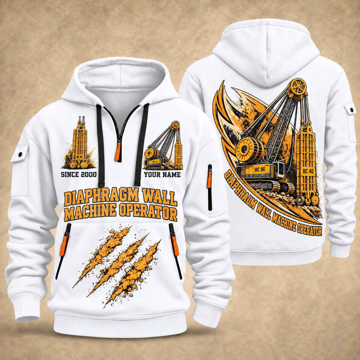 Bauer MC 96 with BC 40 Diaphragm Wall Machine quarter zip hoodie in White, front and back views, sample YOUR NAME and SINCE 2000 artwork