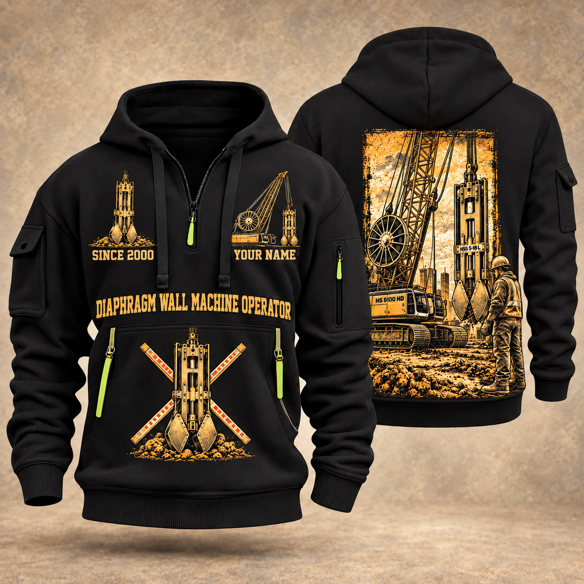 Liebherr HS 8100 HD with HSG 5-18 L Diaphragm Wall Machine quarter zip hoodie in Black, front and back views, sample YOUR NAME and SINCE 2000 artwork