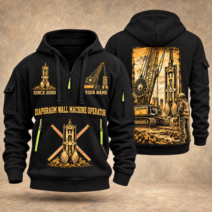 Liebherr HS 8100 HD with HSG 5-18 L Diaphragm Wall Machine quarter zip hoodie in Black, front and back views, sample YOUR NAME and SINCE 2000 artwork