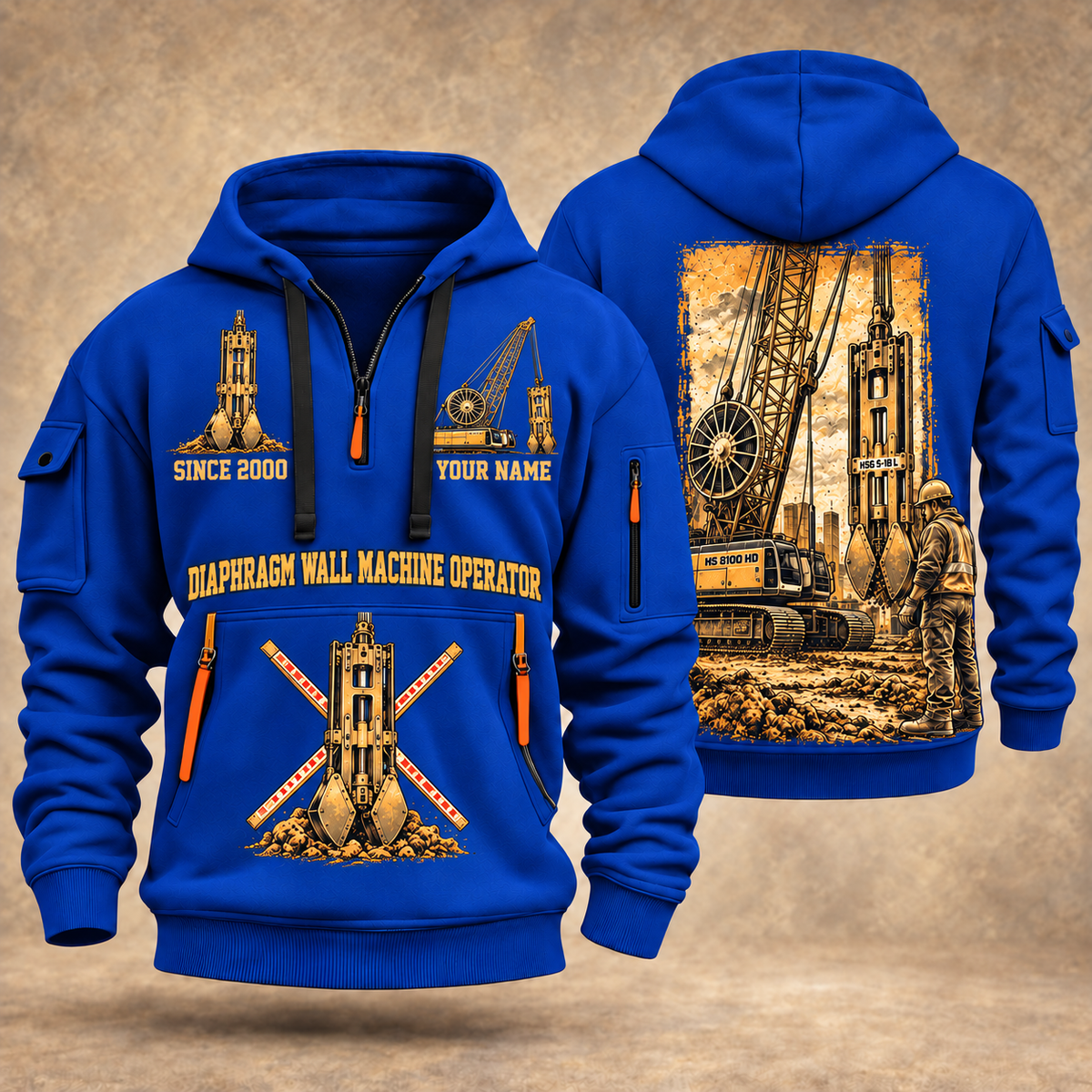 Liebherr HS 8100 HD with HSG 5-18 L Diaphragm Wall Machine quarter zip hoodie in Blue, front and back views, sample YOUR NAME and SINCE 2000 artwork