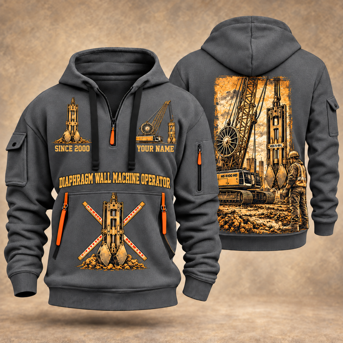 Liebherr HS 8100 HD with HSG 5-18 L Diaphragm Wall Machine quarter zip hoodie in Gray, front and back views, sample YOUR NAME and SINCE 2000 artwork