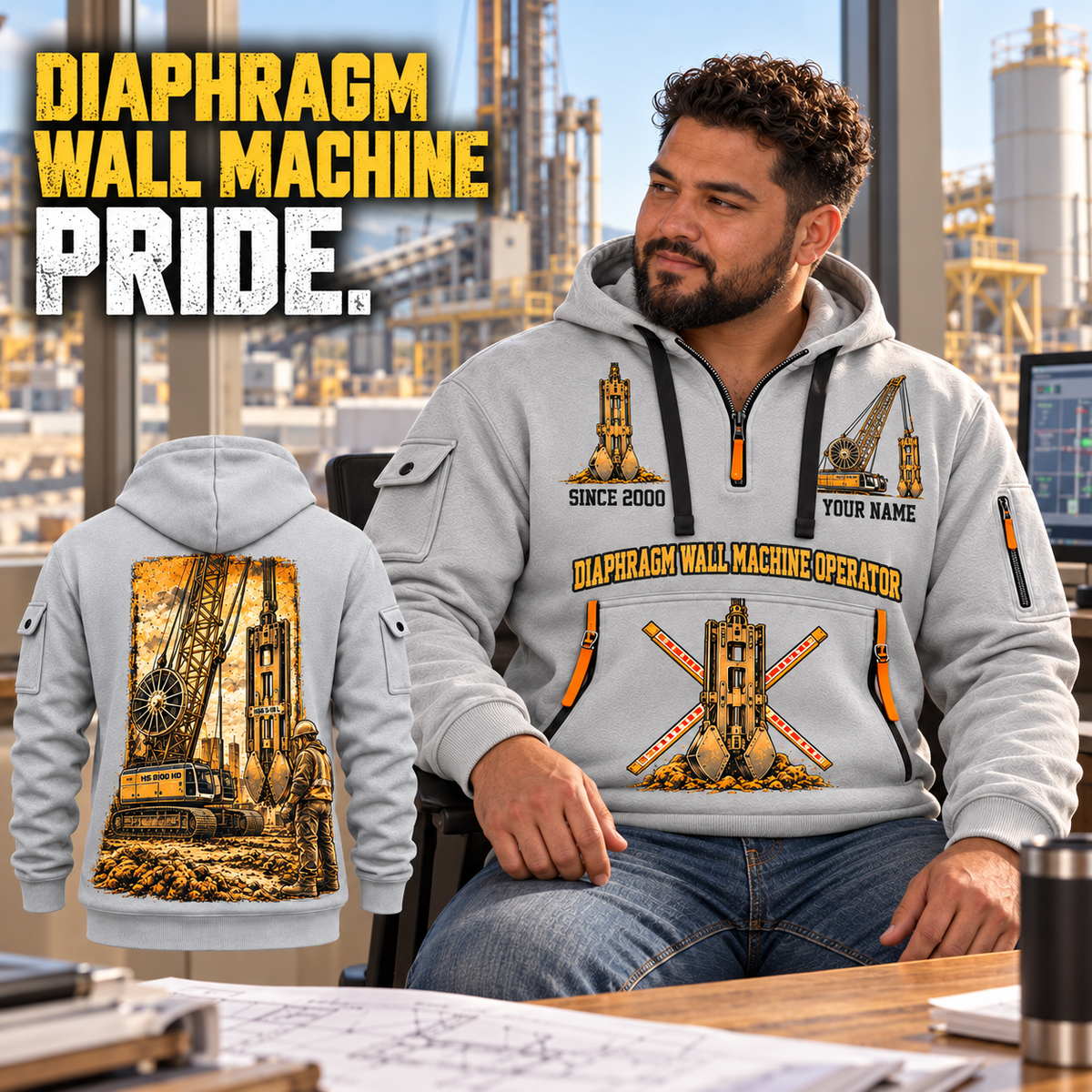 Liebherr HS 8100 HD with HSG 5-18 L Diaphragm Wall Machine quarter zip hoodie in Light Grey, adult lifestyle portrait showing front and back artwork
